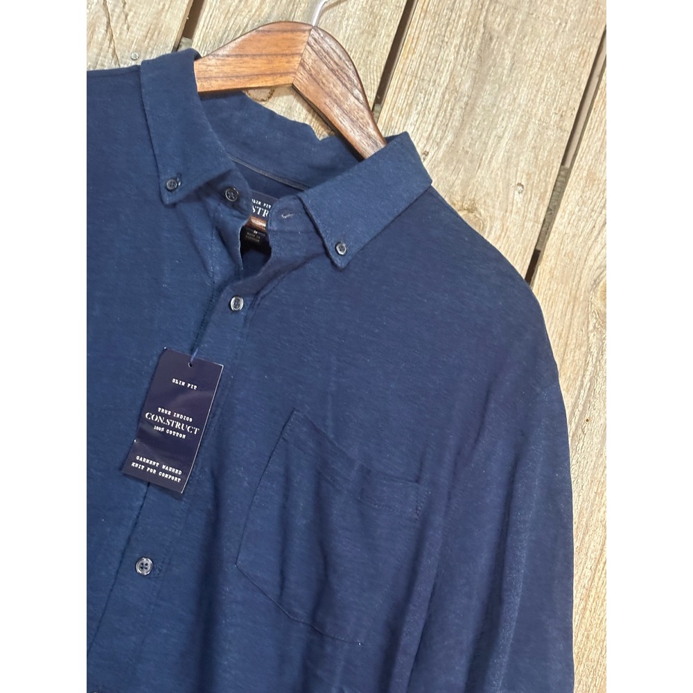Con.Struct Mens Slim Fit Indigo‎ Blue Cotton Short Sleeve Button Down Shirt L